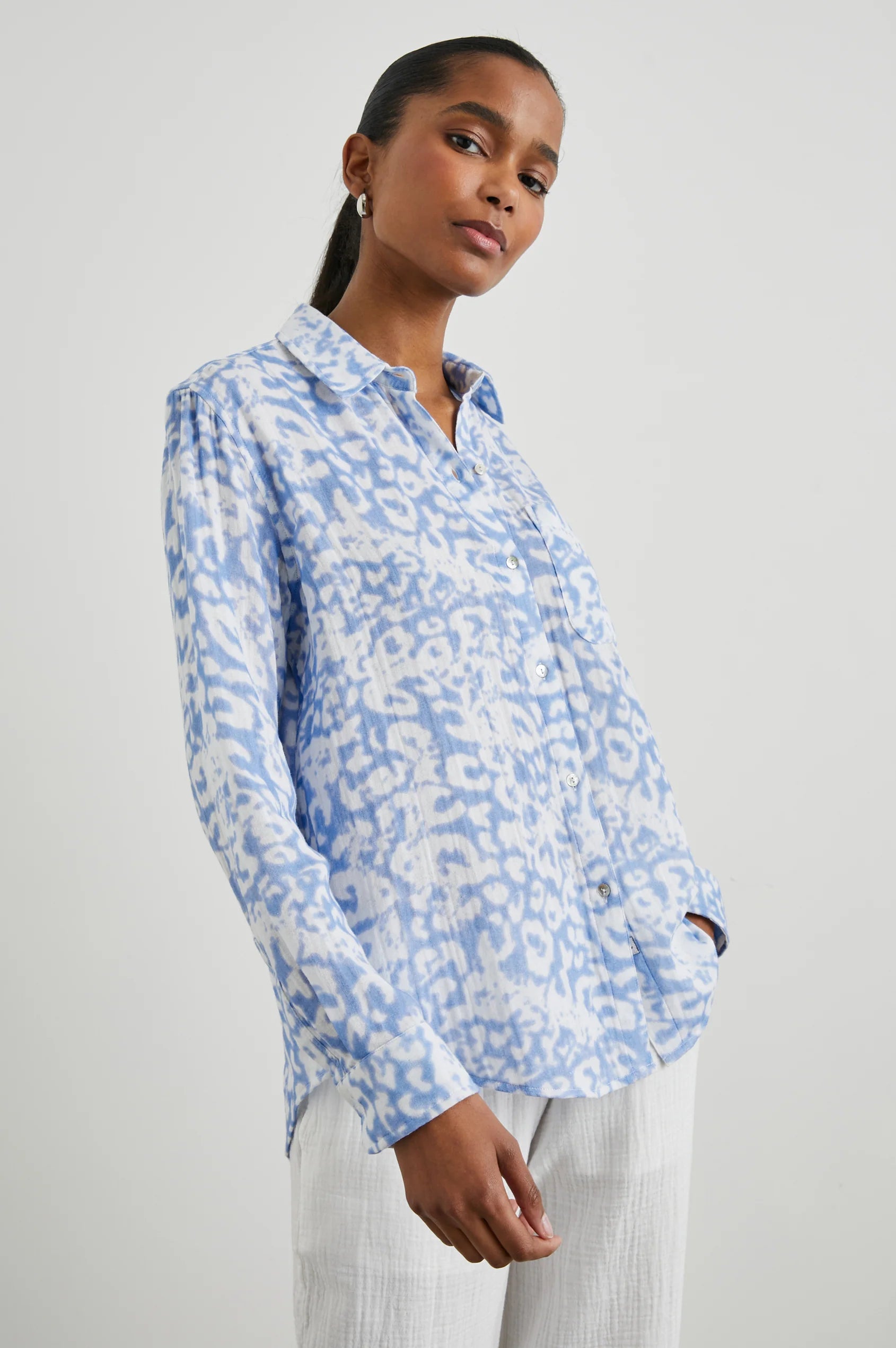 LIght blue and white cheetah print classic shirt with curved hem in a cotton gauge