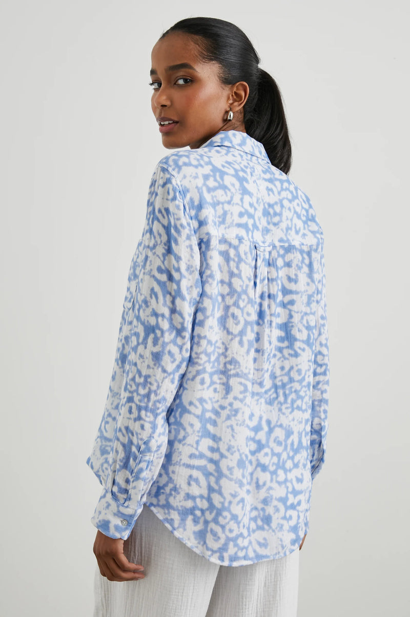 LIght blue and white cheetah print classic shirt with curved hem in a cotton gauge
