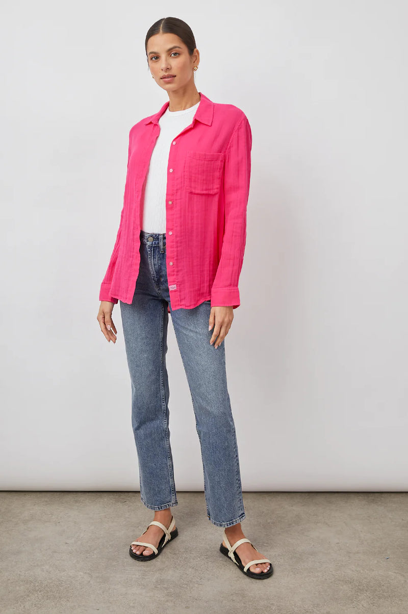 Magenta pink cotton gauge shirt with patch pocket