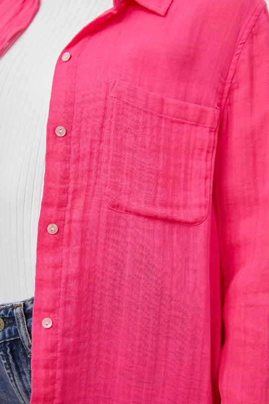 Magenta pink cotton gauge shirt with patch pocket