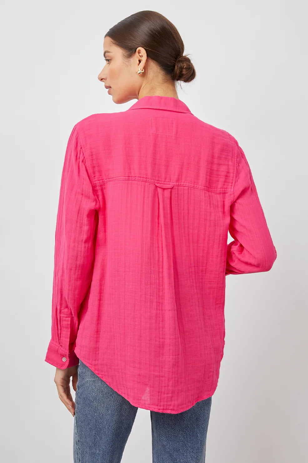 Magenta pink cotton gauge shirt with patch pocket