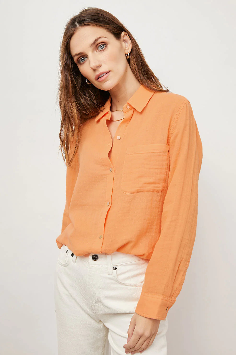 Orange cotton gauge shirt with long sleeves classic collar and patch pocket