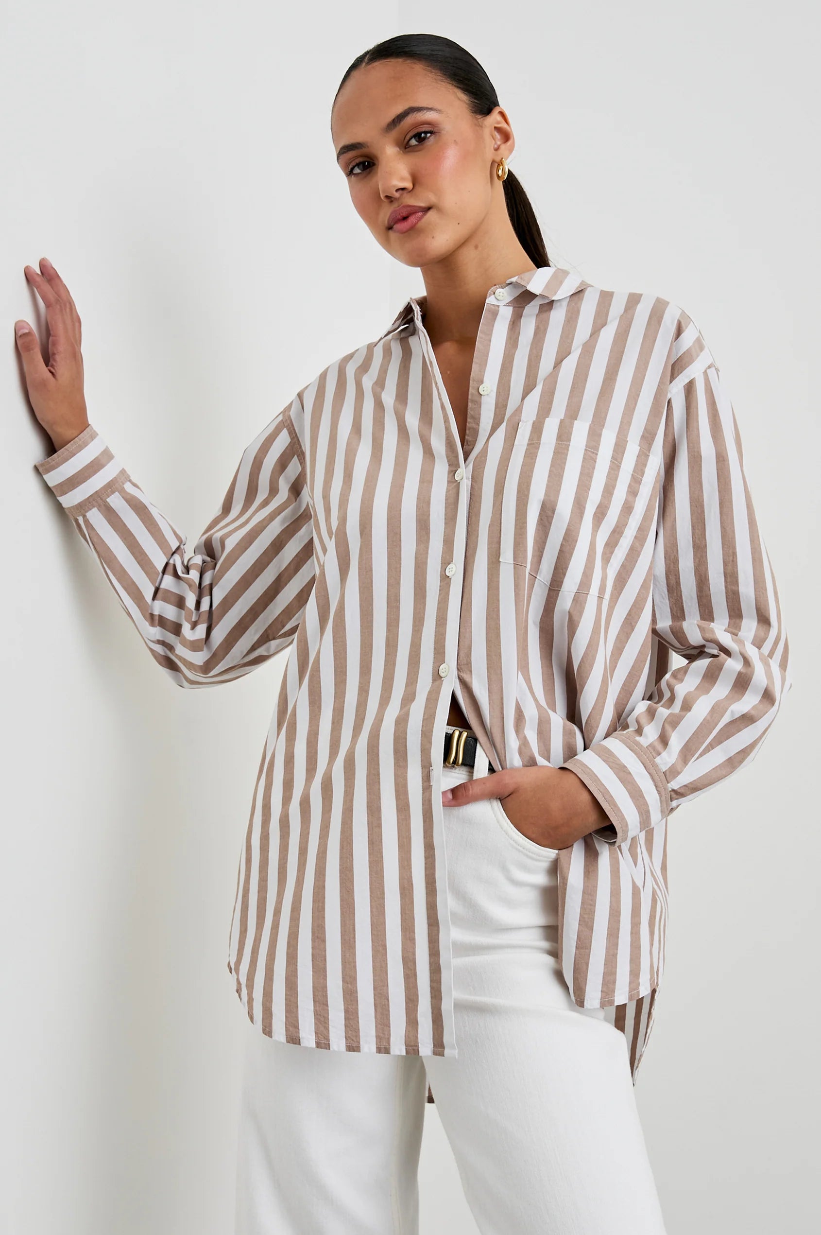 Elsa shirt russet and white stripe  untucked