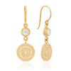 Gold plated sterliing silver drop earrings featuring mother of pearl and charm with dot work