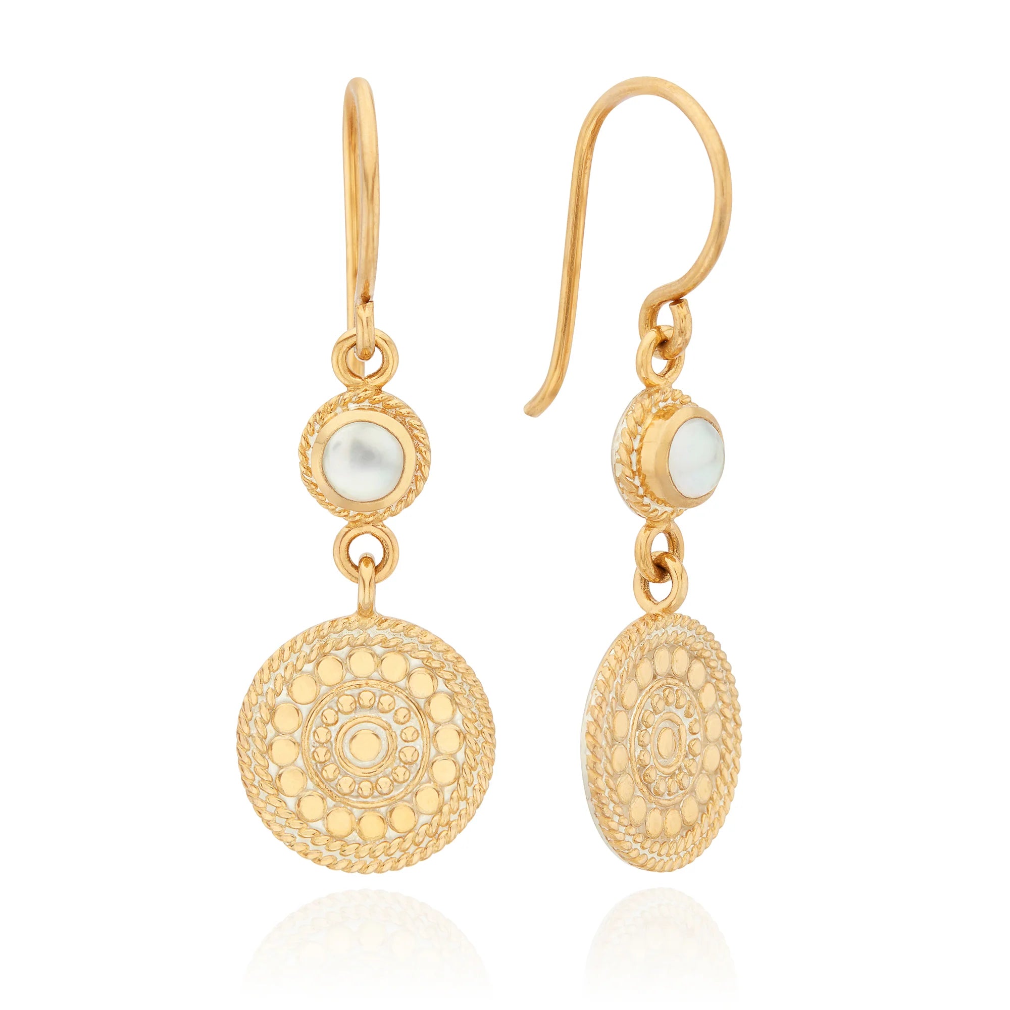 Gold plated sterliing silver drop earrings featuring mother of pearl and charm with dot work
