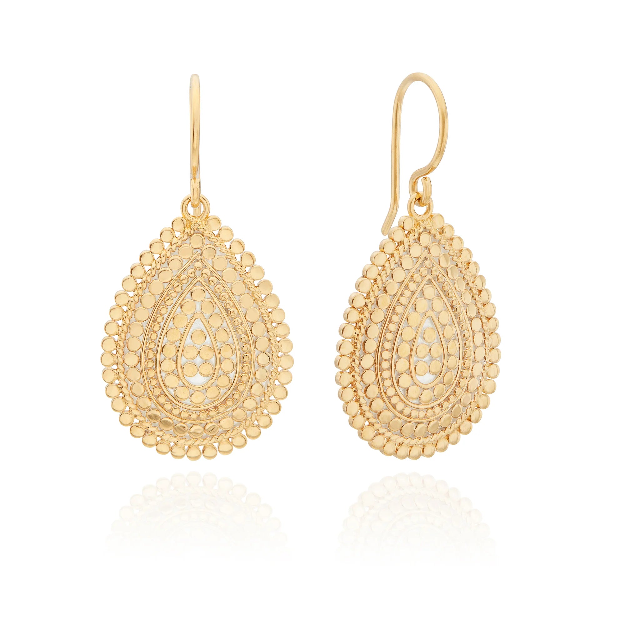 Medium teardrop gold drop earrings with gold dotted details