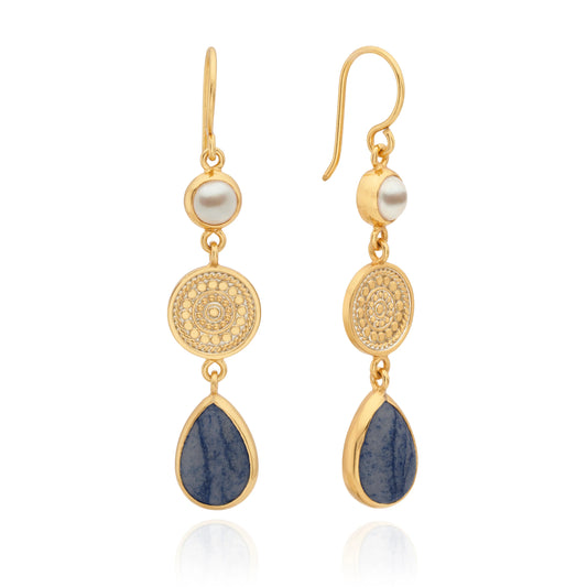 Drop earrings in gold with blue and pearl stones