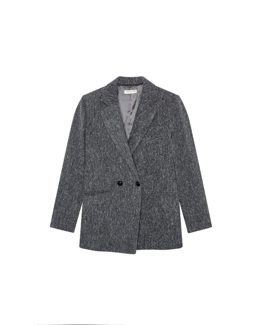 grey herringbone double breasted blazer with 2 front welt pockets and handkerchief pocket with black buttons