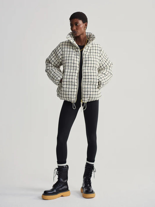 mono check short puffer with high neck and side pockets model shot