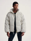 mono check short puffer with high neck and side pockets model shot