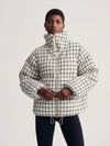 mono check short puffer with high neck and side pockets model shot