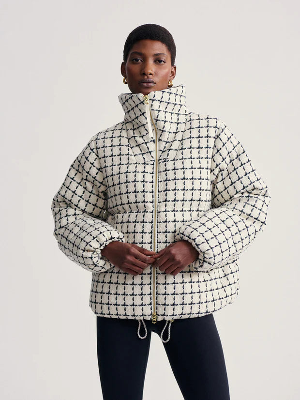 mono check short puffer with high neck and side pockets model shot