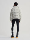 mono check short puffer with high neck and side pockets  rear view