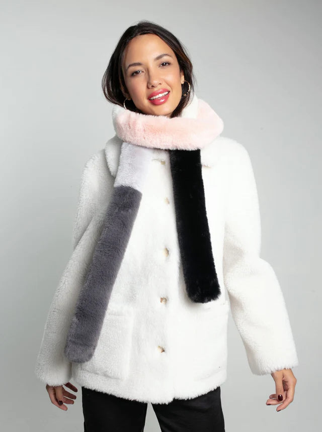 Long narrow faux fur scarf in black, greys, baby pink and cream