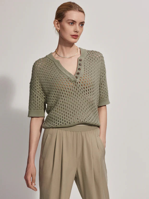 Short sleeve pointelle knit with a notch neck and button detail