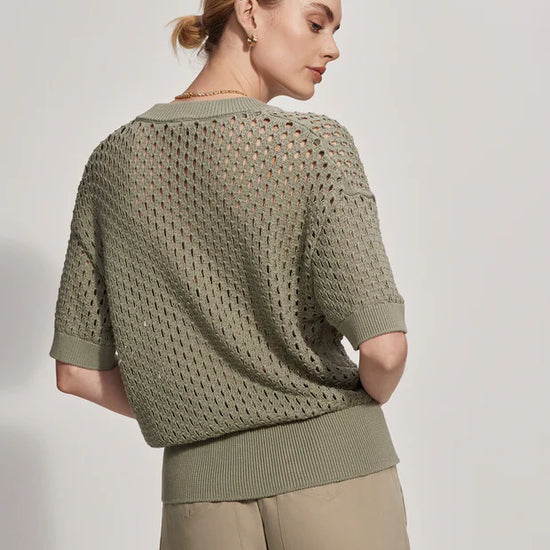 Short sleeve pointelle knit with a notch neck and button detail rear view