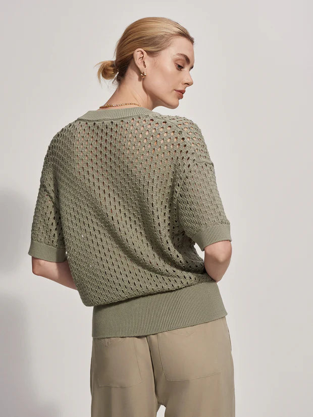 Short sleeve pointelle knit with a notch neck and button detail rear view