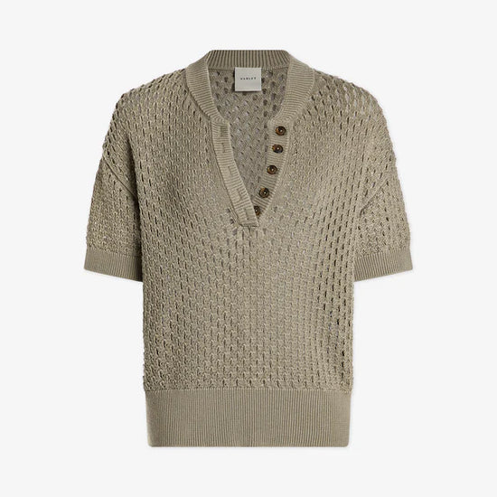 Short sleeve pointelle knit with a notch neck and button detail