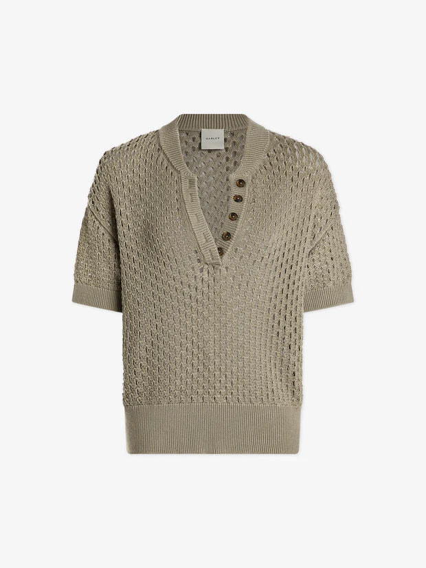 Short sleeve pointelle knit with a notch neck and button detail