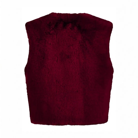 A sleeveless, cropped faux fur vest in deep burgundy, shown flat against a solid white background.