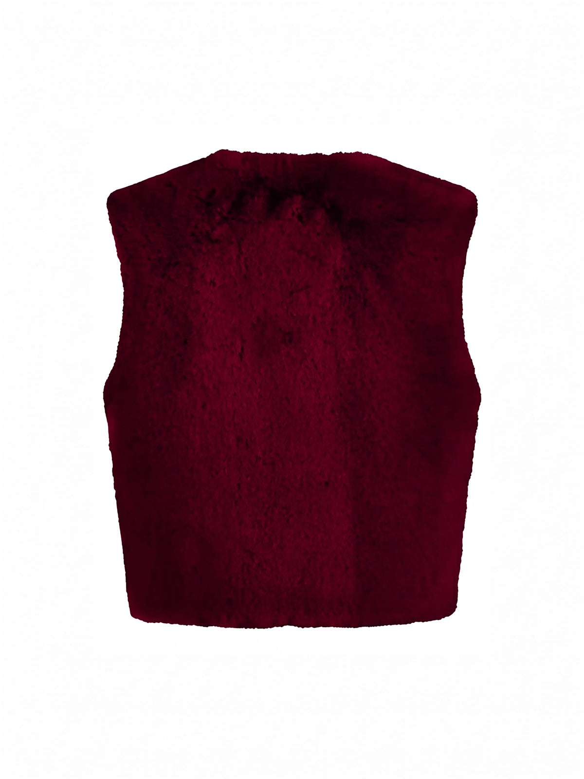 A sleeveless, cropped faux fur vest in deep burgundy, shown flat against a solid white background.