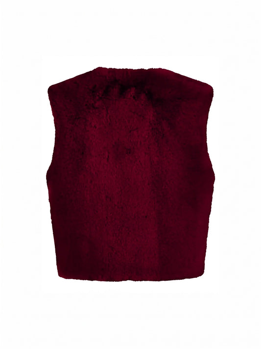 A sleeveless, cropped faux fur vest in deep burgundy, shown flat against a solid white background.
