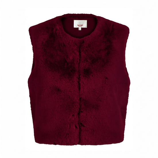 A sleeveless, cropped faux fur vest in deep burgundy, featuring a round neckline and a central button closure, shown against a plain white background.