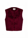 A sleeveless, cropped faux fur vest in deep burgundy, featuring a round neckline and a central button closure, shown against a plain white background.