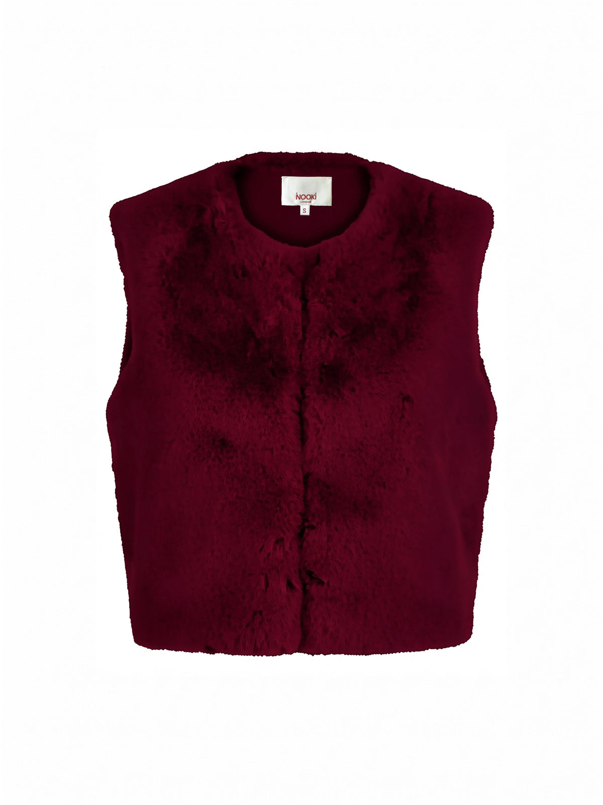 A sleeveless, cropped faux fur vest in deep burgundy, featuring a round neckline and a central button closure, shown against a plain white background.