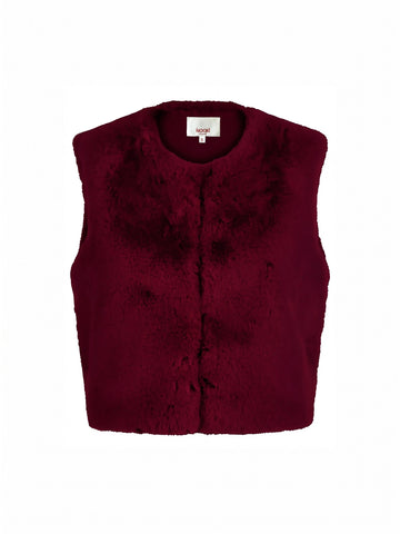 A sleeveless, cropped faux fur vest in deep burgundy, featuring a round neckline and a central button closure, shown against a plain white background.