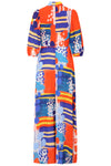 Red blue and yellow tribal inspired printed maxi dress with three quarter length sleeves V neckline and A line maxi skirt with stand up collar