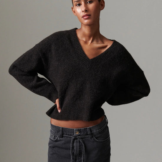 v neck jumper dark brown wool jumper with rib detailing and oversized fit