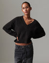 v neck jumper dark brown wool jumper with rib detailing and oversized fit