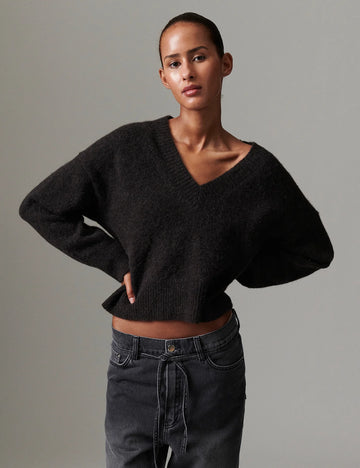 v neck jumper dark brown wool jumper with rib detailing and oversized fit