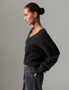 v neck jumper dark brown wool jumper with rib detailing and oversized fit side view