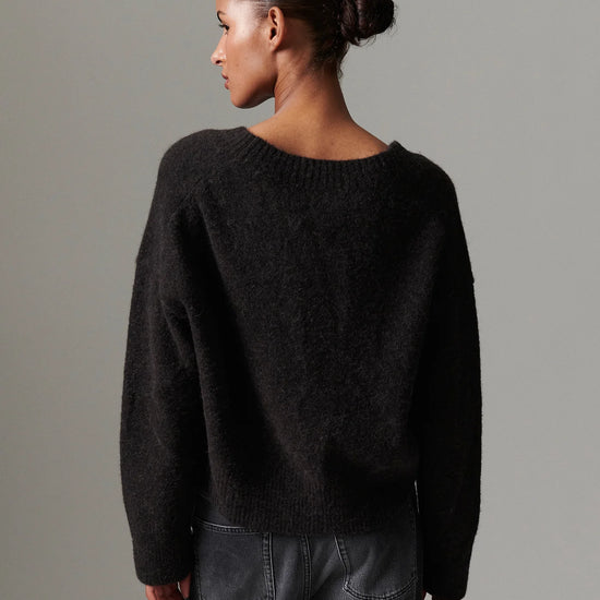 v neck jumper dark brown wool jumper with rib detailing and oversized fit rear view