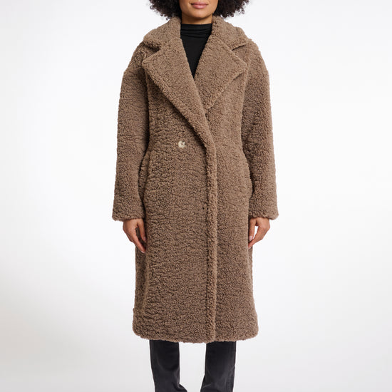brown teddy bear fur mid length coat with single button closure and collar/lapel