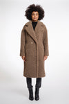 brown teddy bear fur mid length coat with single button closure and collar/lapel