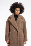 brown teddy bear fur mid length coat with single button closure and collar/lapel close up