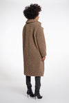 brown teddy bear fur mid length coat with single button closure and collar/lapel rear view