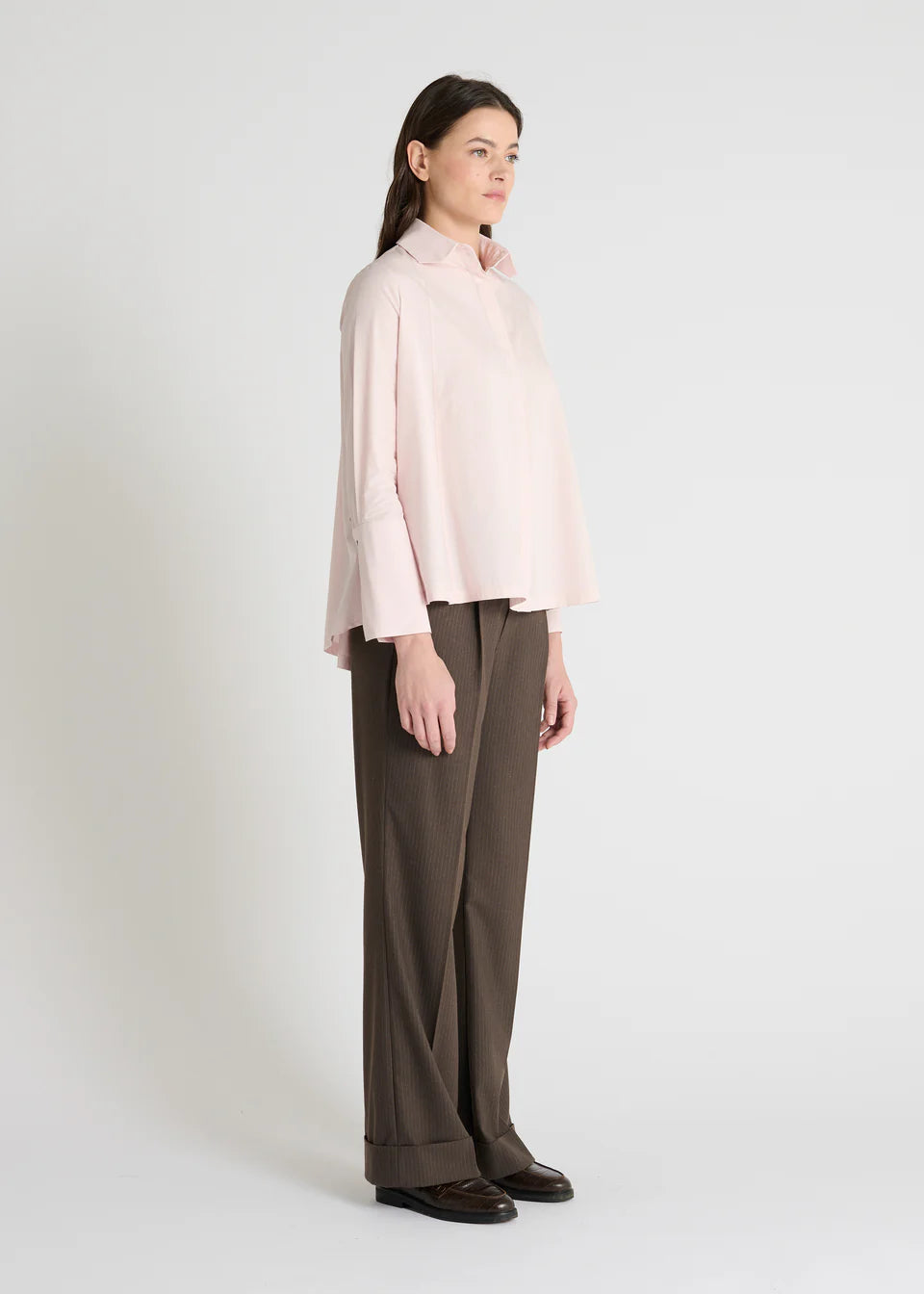 light pink shirt with concealed placket  and uniques collar side view