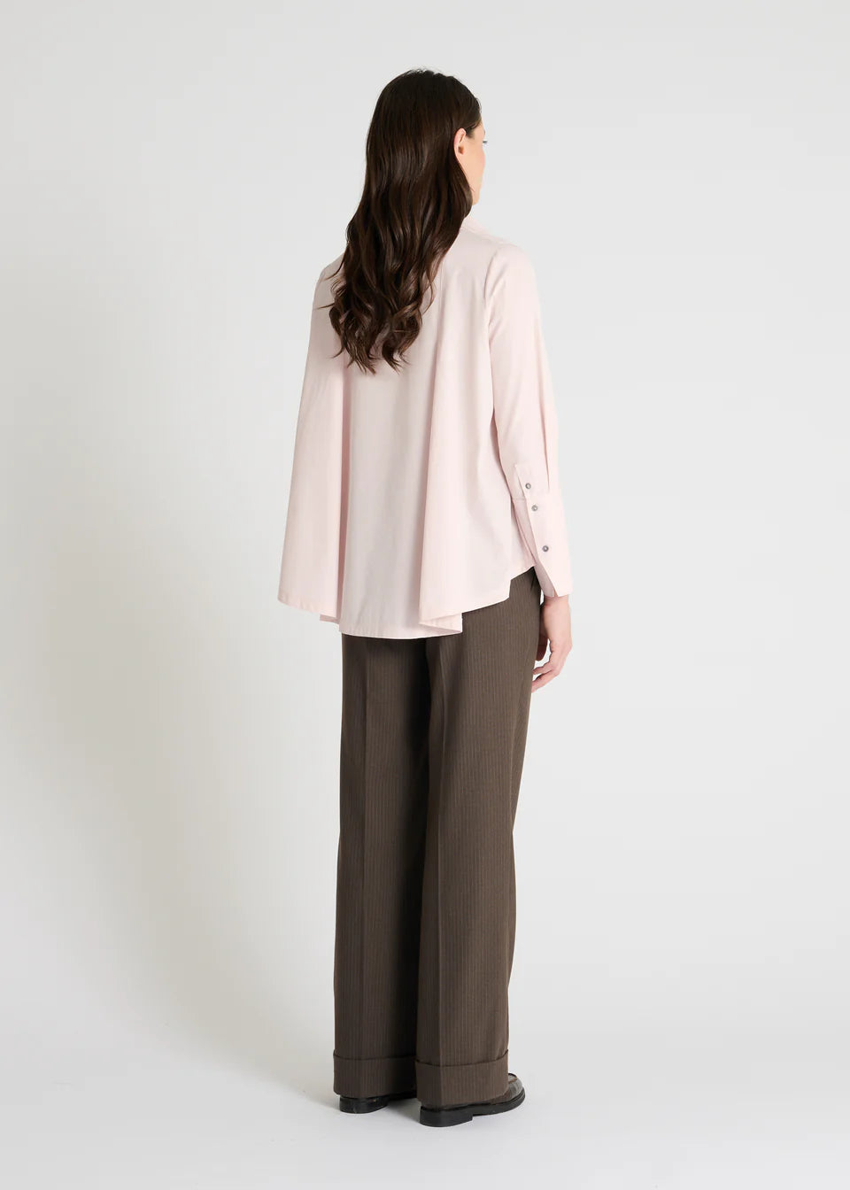 light pink shirt with concealed placket  and uniques collar rear view