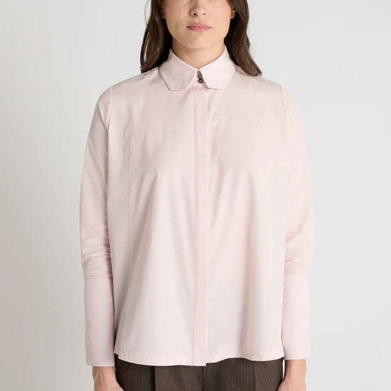 light pink shirt with concealed placket  and uniques collar