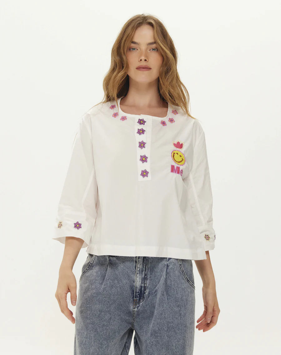 round neck white linen blouse with embroidered detail at the rear from me369 