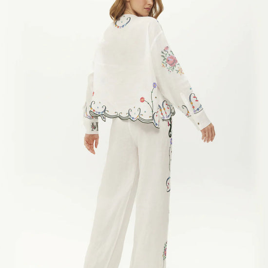 round neck white linen button down blouse with embroidered detailing from me369 rear