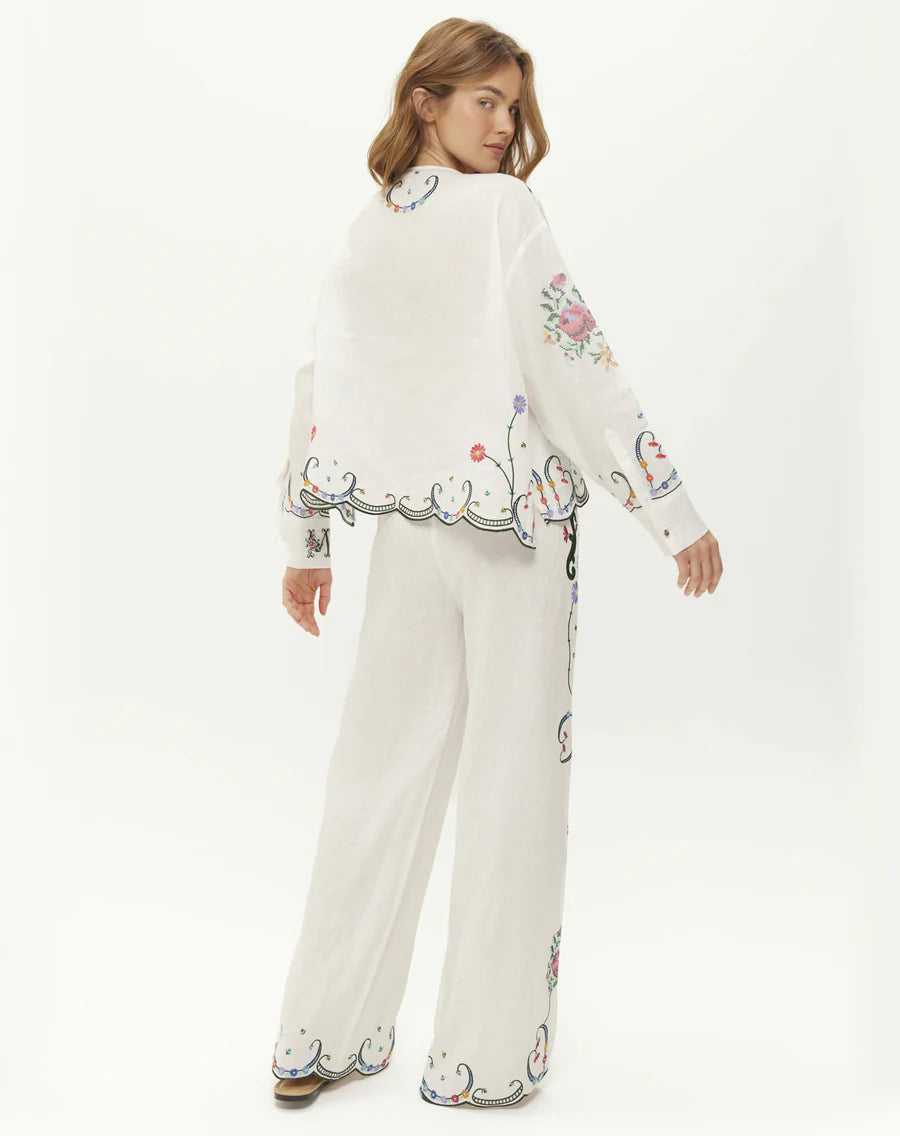 round neck white linen button down blouse with embroidered detailing from me369 rear