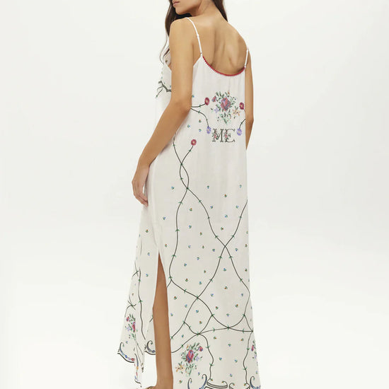 v neck spaghetti strap white linen cami  dress with embroidered detailing rear 