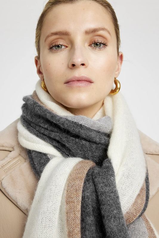 white, brown and grey mohair scarf with stripe model shot