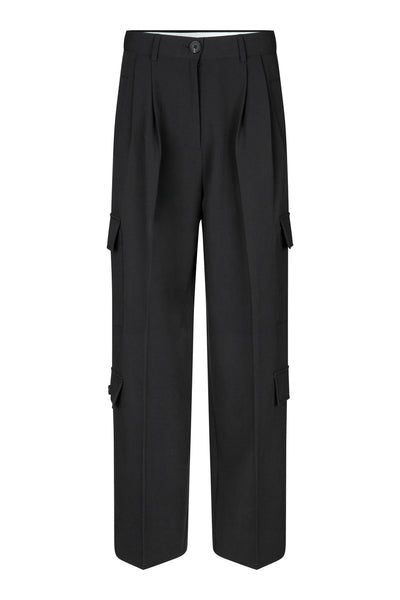 Black structured cargo trousers with pleated front and fixed waistband