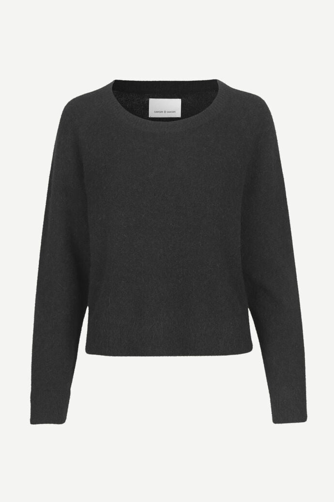 Wide crew neck black knitted jumper with long sleeves and a waist length